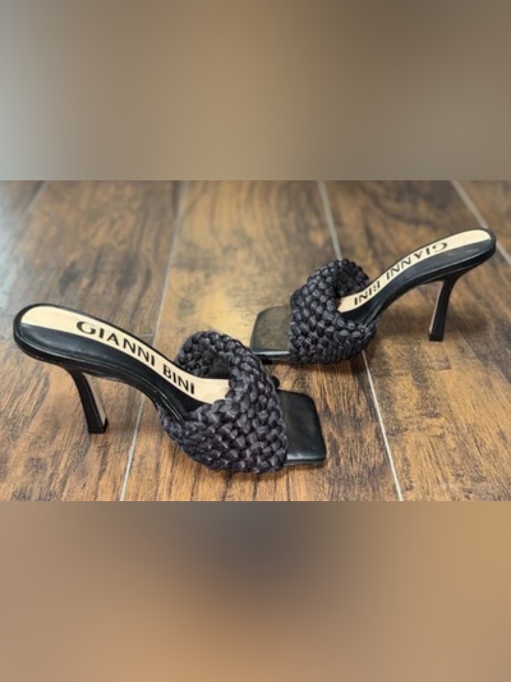 Gianni Bini Leather braided mule heels Square Peep Toe Black Women’s Size 7M - Picture 2 of 6